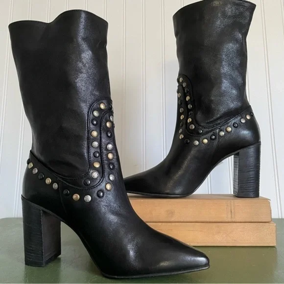 NWT Free People STUDDED DAKOTA Mid Calf Boots in Black Leather *Italy* - Picture 4 of 13